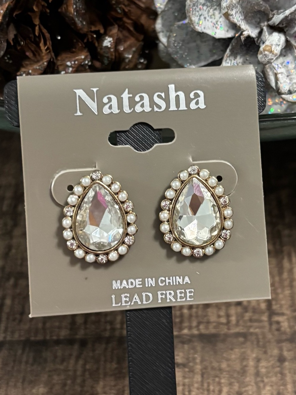 Natasha Goldtone Teardrop Crystal Faux Pearl Stud Earrings